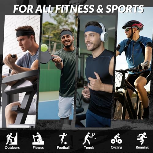 Sukeen Men's Moisture Wicking Sports Headbands - Non-Slip Breathable Elastic Sweatbands for Running, Yoga, Tennis, Fitness (Black/Dark Gray/Dark Blue/Gray)