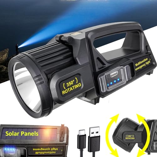 Rechargeable Spotlight, 2,000,000L High Lumens 350¡Æ Rotatable Led Solar Spot Lights Outdoor Handheld Long Range Flashlight with 9 Modes, Solar Panels, USB C for Fishing Boating