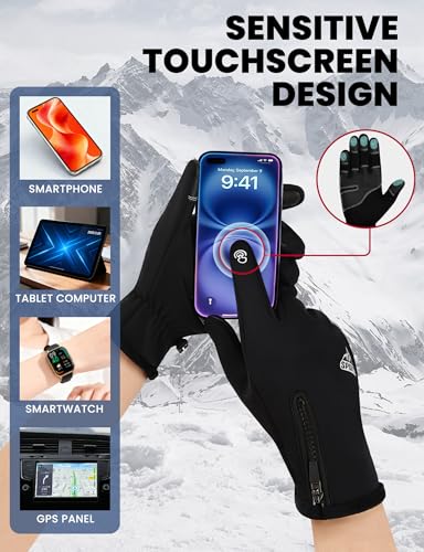 Thermal Touchscreen Winter Gloves - Waterproof Windproof Black Medium