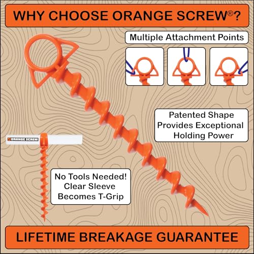 Heavy Duty Ground Anchors - Large Orange Screw-In Tent Stakes for High Wind & Sand, 2 Pack