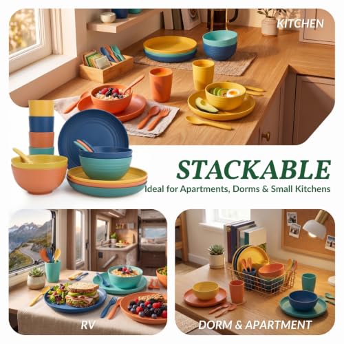 Homienly 20-Piece Wheat Straw Dinnerware Set Multicolor - Unbreakable Plates, Bowls, Cups & Utensils for Camping, Microwave & Dishwasher Safe