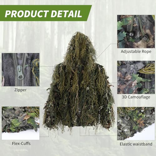 EAmber Youth & Adult Ghillie Suit for Hunting & Camouflage - Green Leafy Forest, Height 5.9-6.3 ft