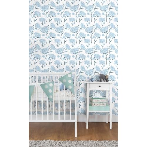 Hopepak Floral Peel and Stick Wallpaper Contact Paper Blue Wall Paper Modern Self Adhesive Removable Vinyl Wallpaper for Bedroom 17.3"x118"