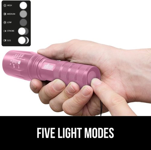Gorilla Grip Tactical Flashlight - Powerful 750 FT LED, Water Resistant, 5 Adjustable Modes | 2 Pack, Pink