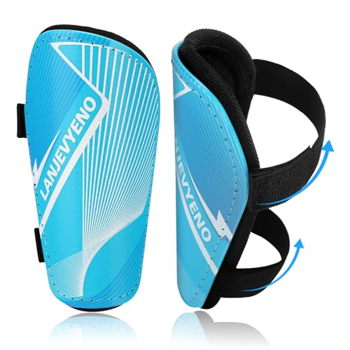 Kids Soccer Shin Guards - Protective Football Gear with Adjustable Straps - Blue / Medium