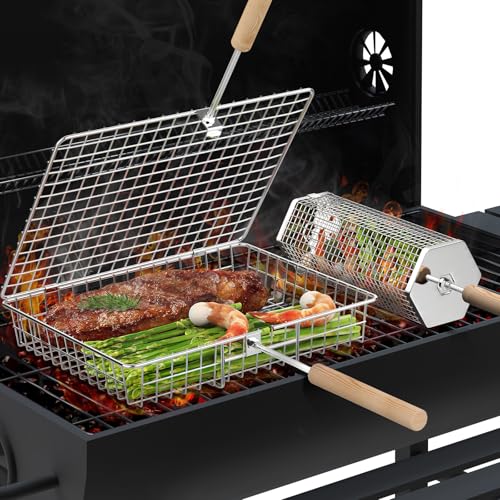 Grill Basket Set 304 Stainless Steel, Removable Wood Handles | Outdoor BBQ & Camping