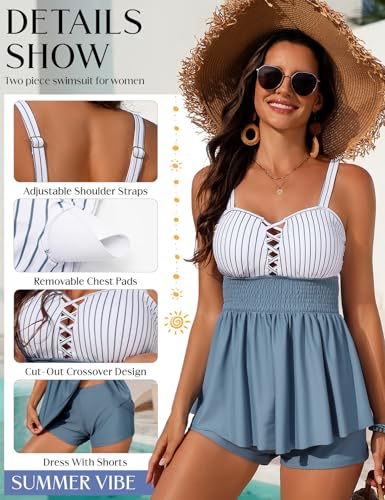 Women’s Blue Striped Tankini Swimsuit with Shorts — Large, Tummy Control Two-Piece