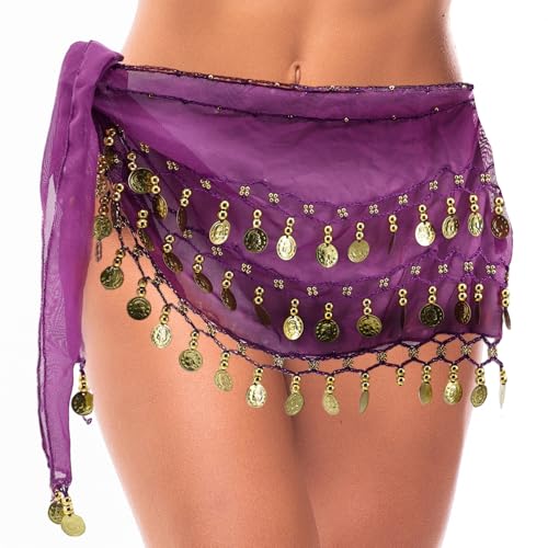 Belly Dance Hip Scarf Outfit - 3-Layer Gold Coin Design, Purple