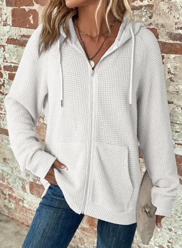 Dokotoo Women's White Large Waffle Knit Full Zip Hoodie Sweatshirt