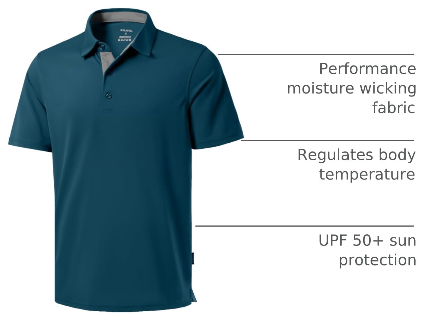 Men's Golf Shirts Dry Fit Moisture Wicking Performance Short Sleeve Collared Polo Shirts for Casual Tennis Bussiness (Reflecting Pond, L)