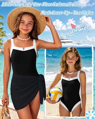 Girls One Piece Swimsuit with Skirt - Black, 15-16 Years