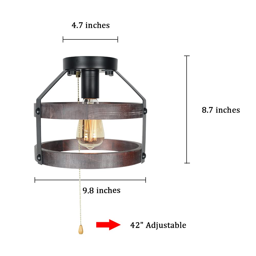Farmhouse Flush Mount Ceiling Light with Pull Chain, 1-Light Small Wood Rustic Close to Ceiling Light Fixture Pull String Country Home Lighting Edison E26 8060PC