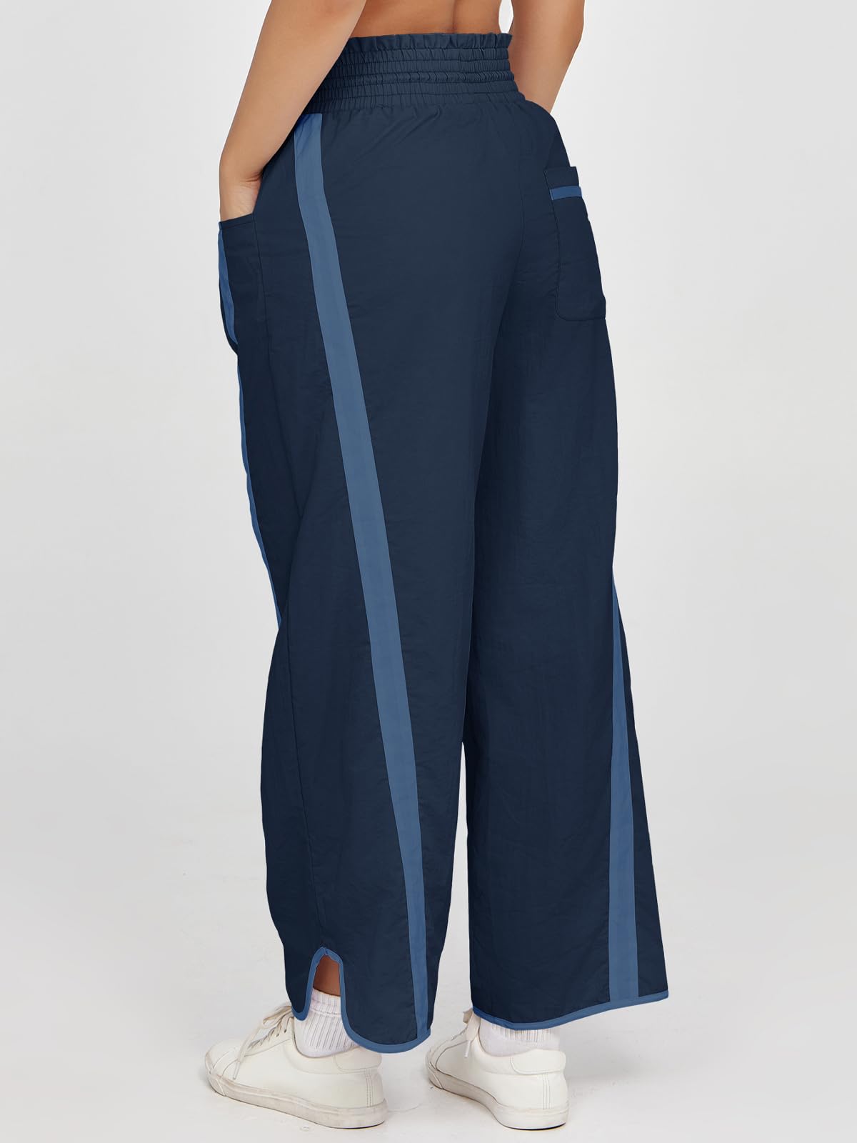Fisoew Women's Baggy Wide Leg Pants Casual Drawstring Elastic Waisted Contrast Color Workout Y2K Track Pants Navy