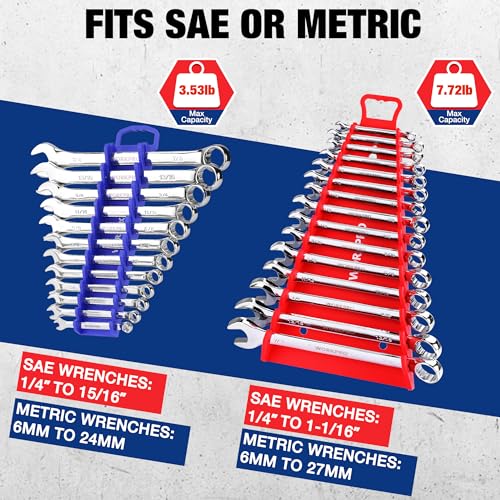 WORKPRO 4-PACK Magnetic Wrench Organizer, 2PC 15-Slot and 2PC 12-Slot Gripper Wrench Holder for Tool Boxes, Flexible Gripping Teeth and Carrying Handle, Fit for SAE and Metric, Blue, Red