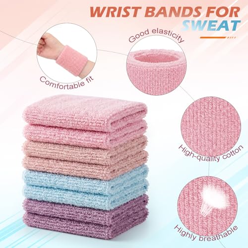8 Pack Cotton Wrist Sweatbands - Pastel Tones for Sports & Gym