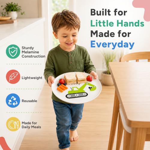 Multicolor Construction Toddler Plates Set of 4 - 10-inch Kids Dinnerware with Mixer Excavator Bulldozer Dump Truck
