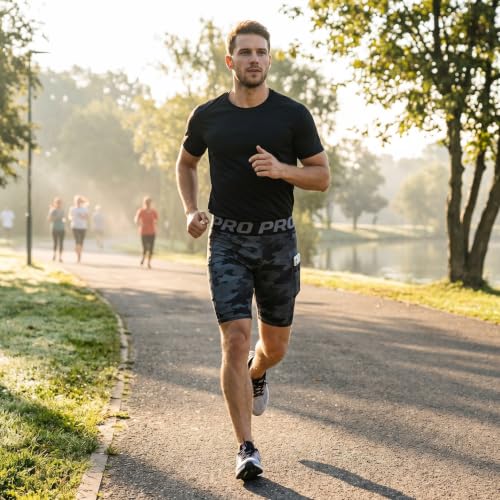 LANBAOSI Men's Camo Black Compression Shorts with Phone Pocket - Gym & Running Tights, Summer Cool Dry Baselayer (Medium)