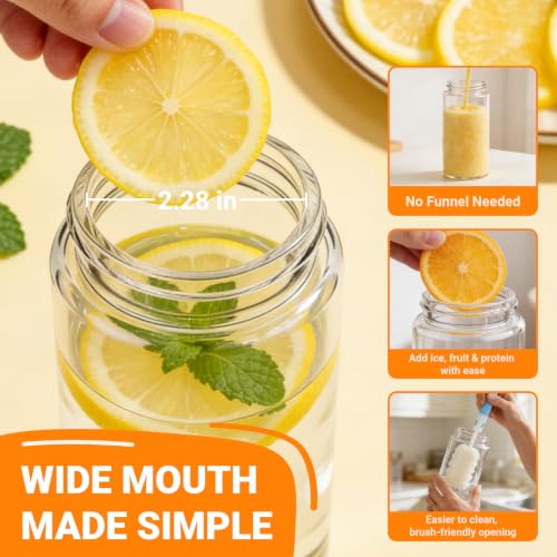 Cafezi 16 oz Wide Mouth Glass Juice Bottles with Stainless Steel Lids - Clear 6 Pack