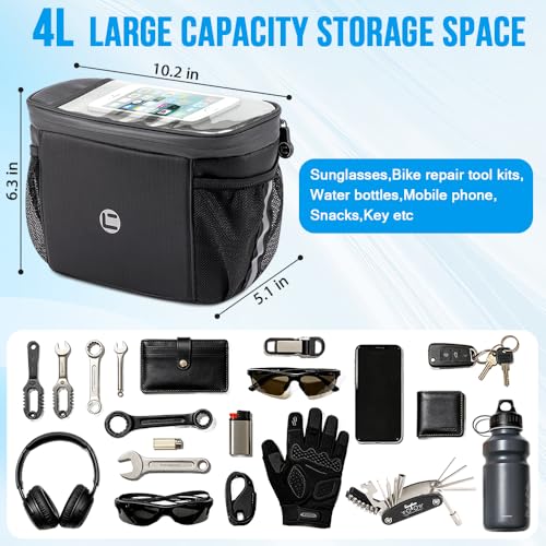 Insulated Bicycle Handlebar Bag with Phone Touchscreen - Black