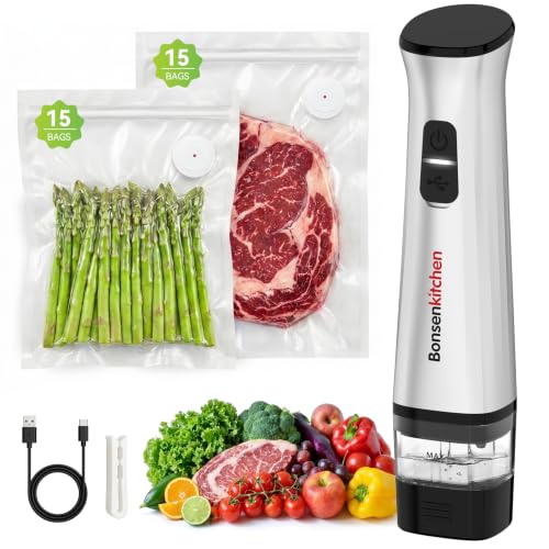 Bonsenkitchen Handheld Vacuum Sealer for Travel with 30 Reusable Bags - Silver