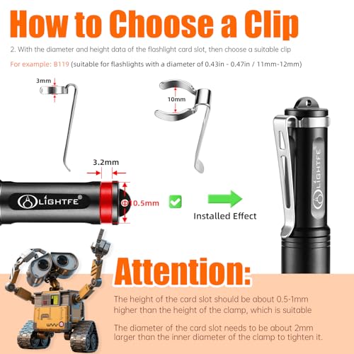 LIGHTFE B119 Flashlight Clip for 11-12 mm Diameter and 3-3.4 mm Slot Width - Stainless Steel Pen Clip for Hat, Pocket, or Bag Use