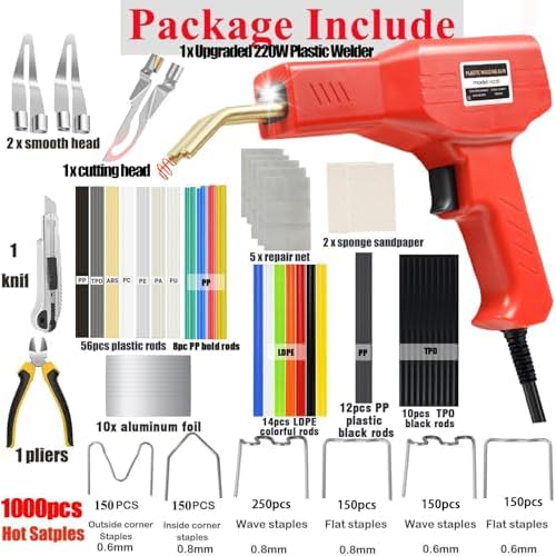 Upgraded 220W Plastic Welder, 2 in 1 Plastic Welding Kit Plastic Repair Welder Kit 1000PCS Hot Stapler Soldering Gun with 100PCS Plastic Welding Rods Car Bumper Repair Kit for Most Plastic Repair