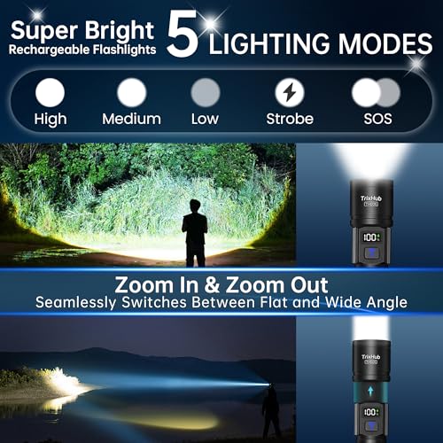Rechargeable Flashlights 2 Pack - High Lumens with LCD Display, 5 Modes, USB C Charging - Black