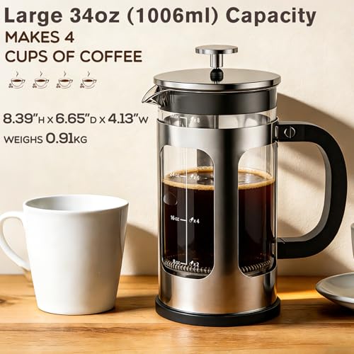 MOYAC Chrome French Press 34oz | Thickened Heat-Resistant Glass, 4-Level Filtration