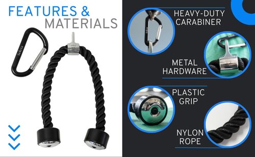 Tricep Rope Cable Attachment, 27" Tricep Pull Down Attachment Carabiner, Rope Attachment for Cable Machine, Gym Rope Attachment, Cable Rope Attachments for Gym, Rope Pull Down Attachment, Triceps Rope