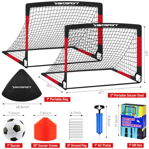 VAVOSPORT Black Red 4x3 ft Kids Soccer Goals - Portable Backyard Set with Ball & Accessories