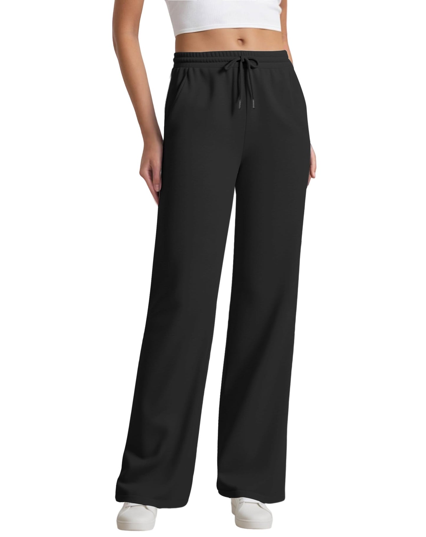 JEKAOYI Womens Drawstring Sweatpants, High Waisted Lightweight Lounge Straight Leg Casual Pants with Pockets Black