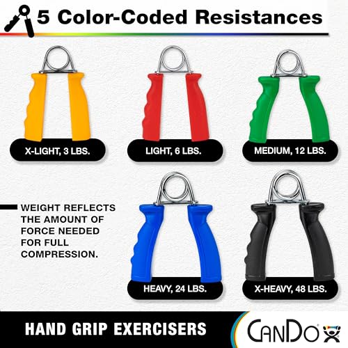 CanDo Ergo Grip Hand Exerciser Set – 5 Pairs, X-Light to X-Heavy (5 Colors)