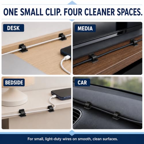Adhesive Cable Clips - 50 Pack Wire Organizer & Cord Holder - Black