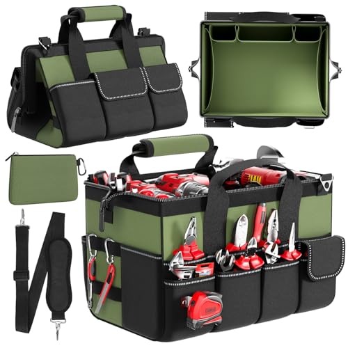 Goovilla Tool Bag 15.5 Inch with 1 Pouch | 17-Pocket Portable Tool Box Organizer Storage with Adjustable Strap, Soft Handle and Durable Zipper | Heavy Duty Tool Bags for Men, Father¡¯s Day (Green)