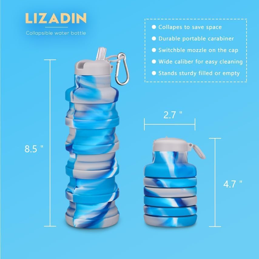 Skiennix Collapsible Water Bottles - BPA-Free Silicone Travel Bottles | 2-Pack, Lightweight & Portable (Black & Aqua Blue)