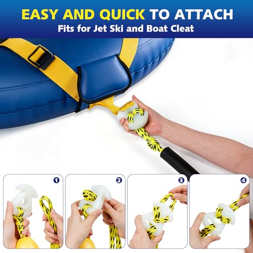 60FT Heavy Duty Boat Tow Rope for Tubing - Yellow & Black, 3 Person
