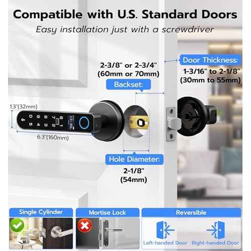 Anweller H1 Fingerprint Door Handle Lock, Smart Keyless Entry Door Knob Lock, Door Lever Locks for Bedroom, Bluetooth App Control Doorknob, Display Screen, RFID Card, Code Keypad - Black