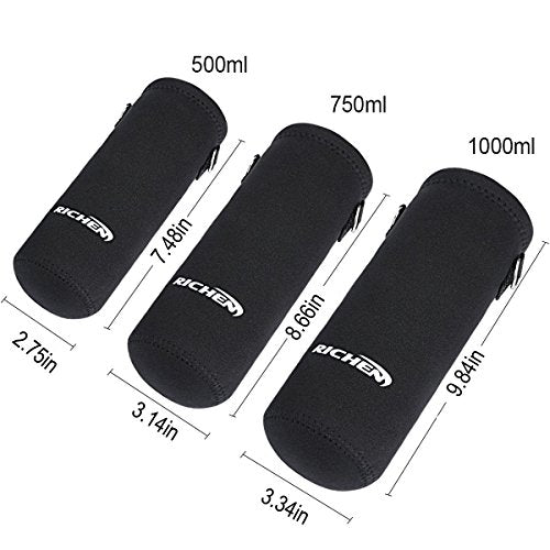 RICHEN 1000ml Neoprene Water Bottle Carrier Bag with Adjustable Shoulder Strap - Black