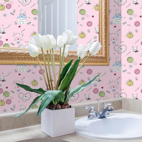 Cute Cat Pink Wallpaper Removable Vinyl Self-Adhesive Sticky Contact Paper for Kids Room Waterproof Wallpaper Perfect Baby Girl Bedroom Boys Room Girly Dollhouse Fun Decoration 17.7"x70.8"