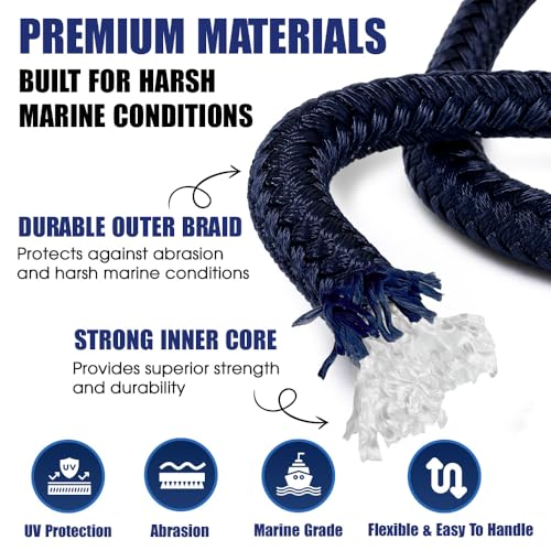 12in Eye Splice Nylon Dock Lines, 1/2in x 15ft Pack of 4 | Double-Braid Marine Ropes