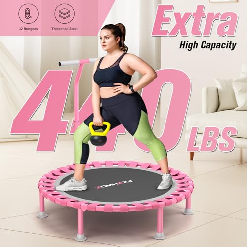 Foldable Mini Trampoline - 40" Rebounder with Adjustable Bar - Pink