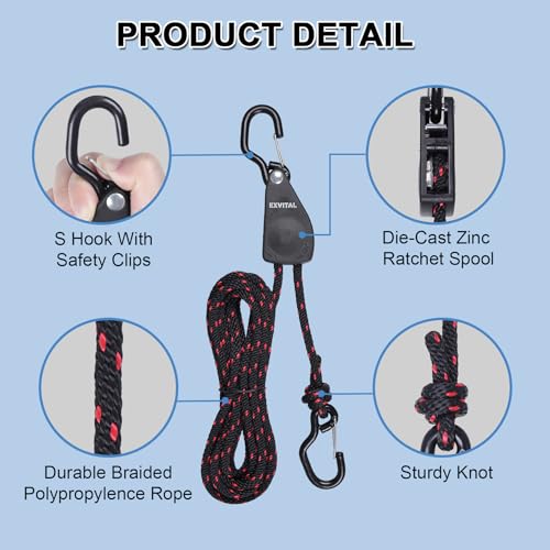 EXVITAL 4pcs 1/4"×12' Kayak Rope Tie Down Ratchet Straps - Black, Heavy Duty