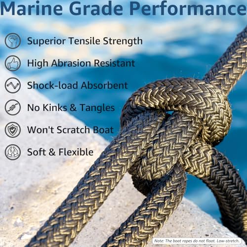 PACTHSD 4 Pack Dock Lines 3/8 x 25 ft Double Braided Nylon Boat Ropes with 12" Eyelet
