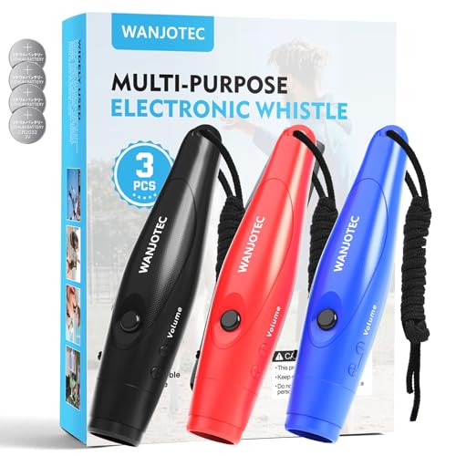 WANJOTEC Electronic Whistle 3 Pack with Lanyard - Black, Red, Blue, Adjustable Tones, 130dB Emergency Sports & Outdoor Safety Tool