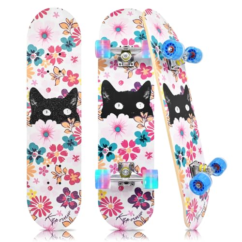 Kqpoinw Flower Cat Kids Skateboard 31x7.8 Inch Beginner Deck with Flashing Wheels