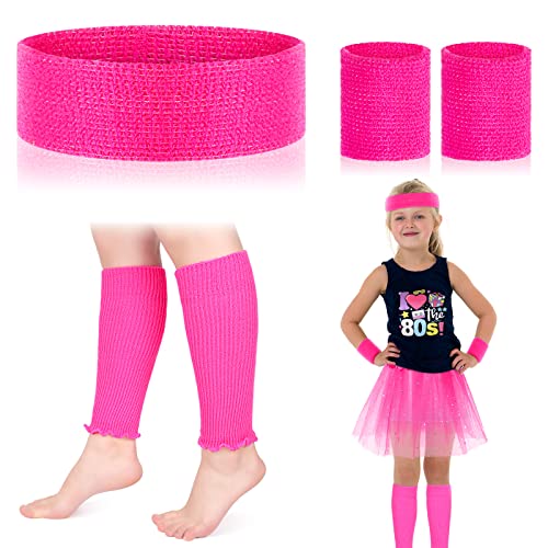 Kids Neon Leg Warmers with Headband and Wristbands - Pink & Rose Red
