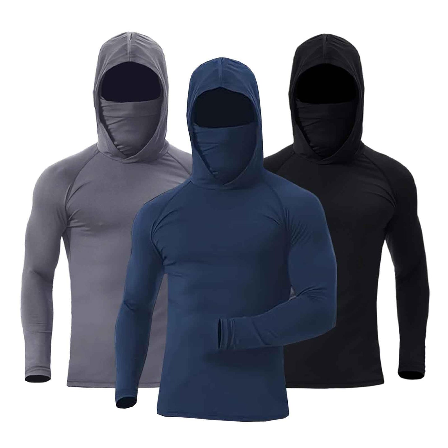 SKYWEHYD Men's UPF 50+ Sun Protection Hoodies, Long Sleeve Moisture Wicking Shirts with Face Mask for Fishing, 3 Pack (US, Alpha, Medium, Regular, Regular, Black+Blue+Gray)
