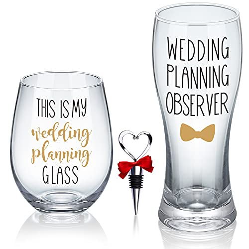 Gemwi Wedding Planning Glass Set - Engagement Gift for Couples, Includes 18oz Wine & 11.56oz Beer Glasses