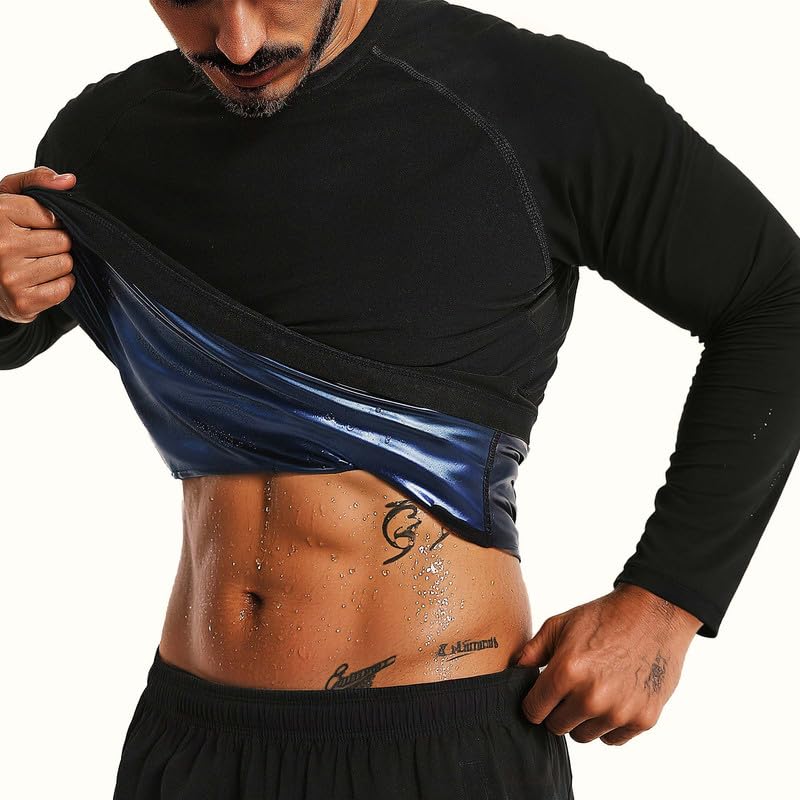 Men's Sauna Shirt - Long Sleeve Slimming Sweat Suit, Black Large