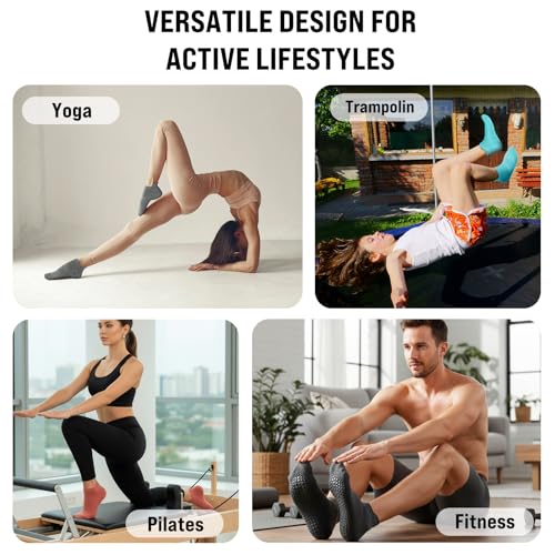 Pilates Socks with Grips - 6 Pairs Non-Slip Gym Socks - Black, Light Gray, Dark Gray, Blue, Pink, Purple - Medium